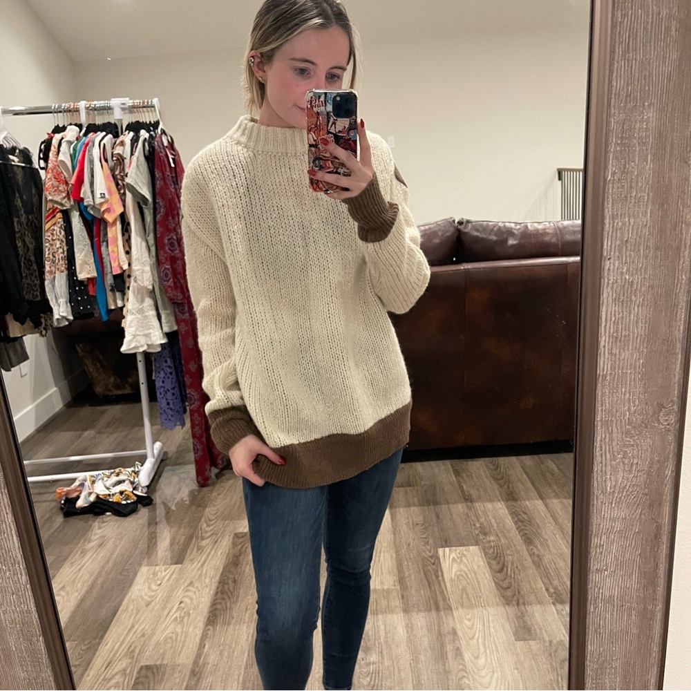 Newbury Kustom Cream and Brown Cowl Neck Sweater